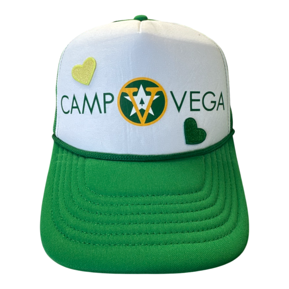 Custom green and white trucker hat with Camp Vega logo text and two heart patches
