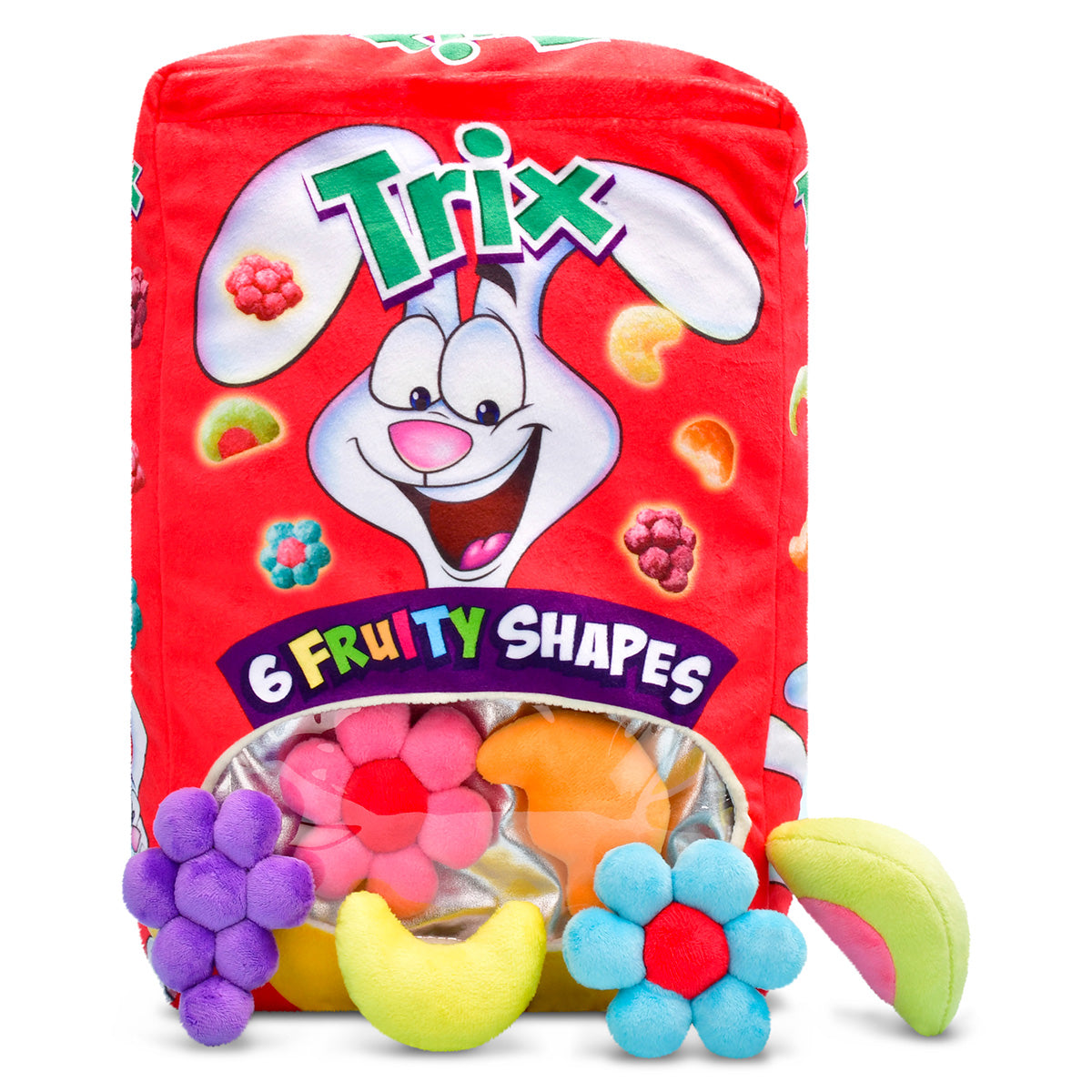Trix cereal box plush with the rabbit and a window showing six fruity shape plushies