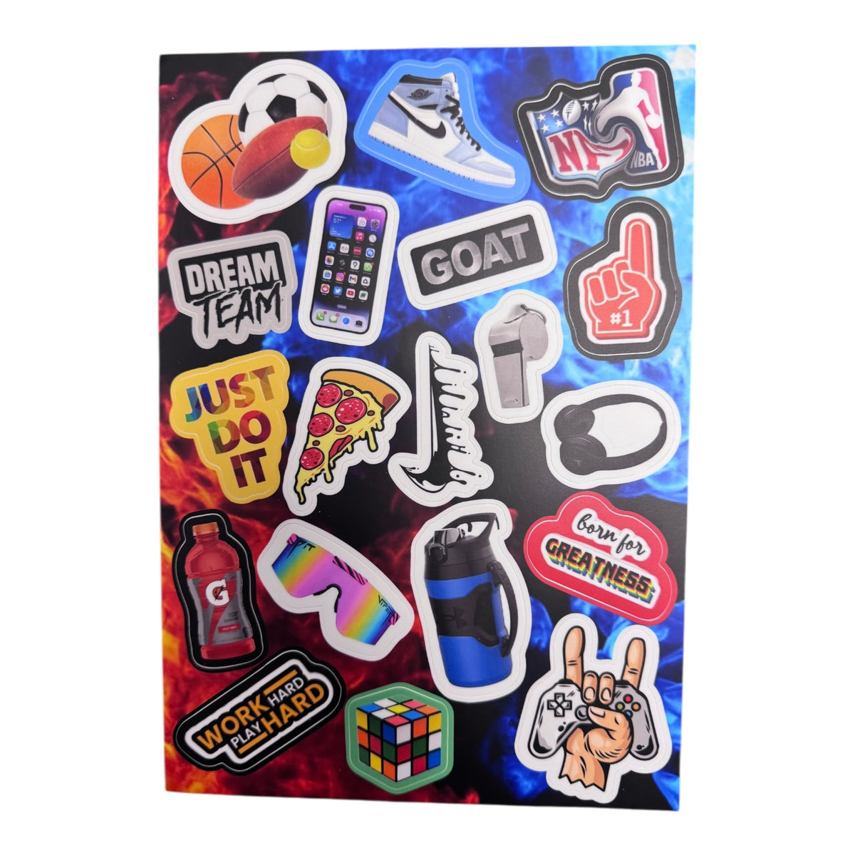 All Boy sticker sheet with sports balls, basketball, soccer ball, tennis ball, sneaker, pizza slice, GOAT text, DREAM TEAM, smartphone, whistle, water bottle, foam finger, peace sign hand gesture, Rubik's cube, motivational phrases on colorful red and blue tie dye background