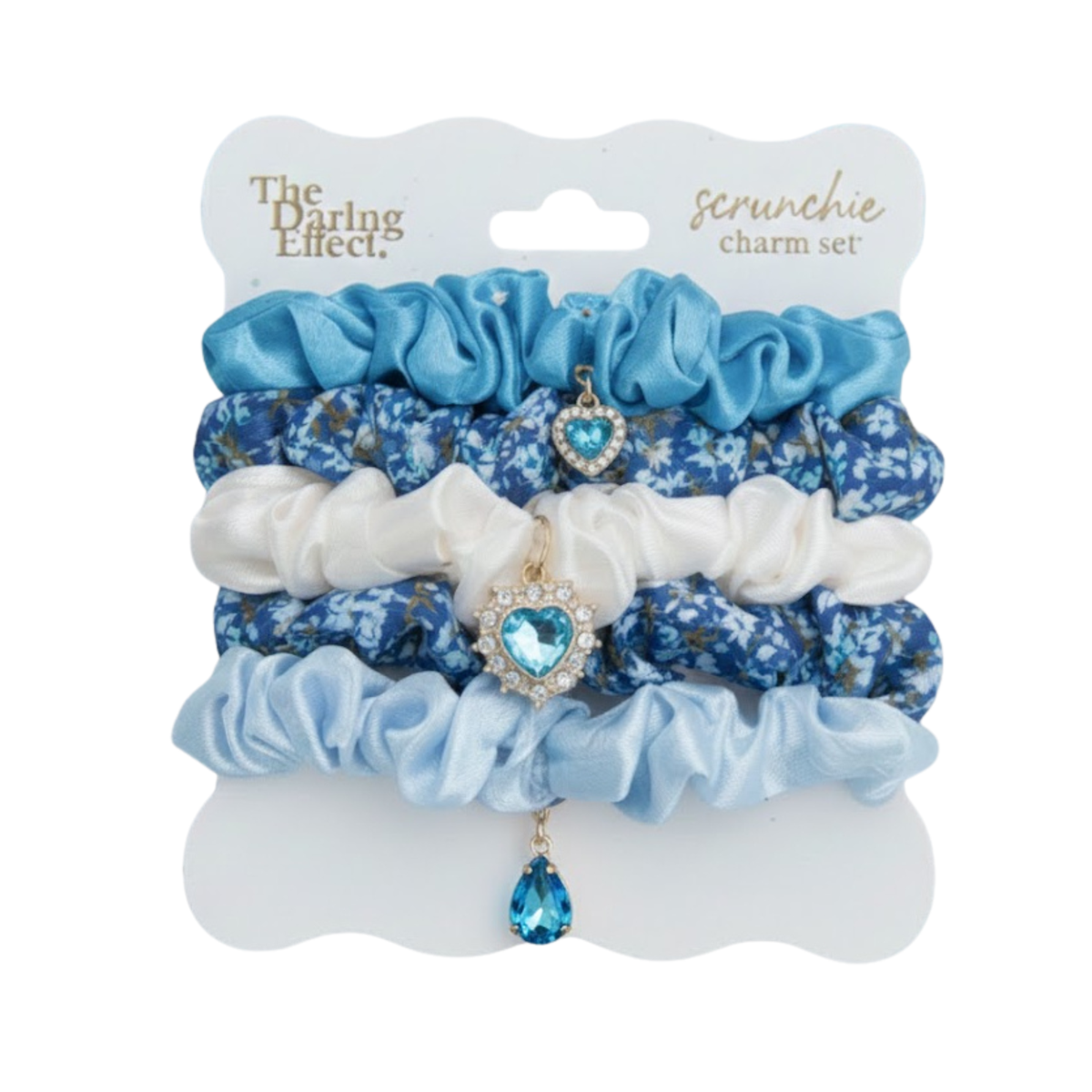 Blue scrunchie charm set on a card with five scrunchies and heart and teardrop charms