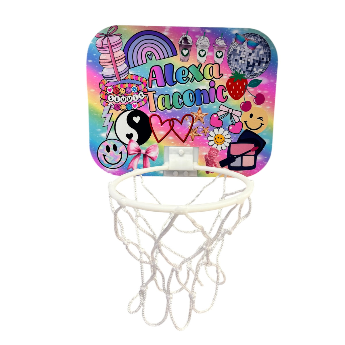 Pastel Girl Collage Basketball Hoop with pastel sticker collage backboard, text "Alexa Taconic"