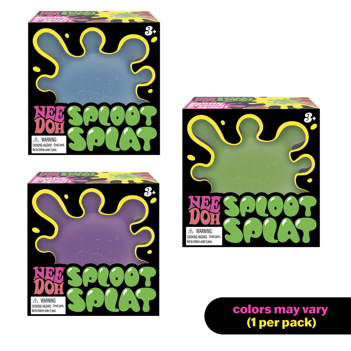 NeeDoh Sploot Splat squishy splat-shaped fidget toy in blue, purple and green boxes
