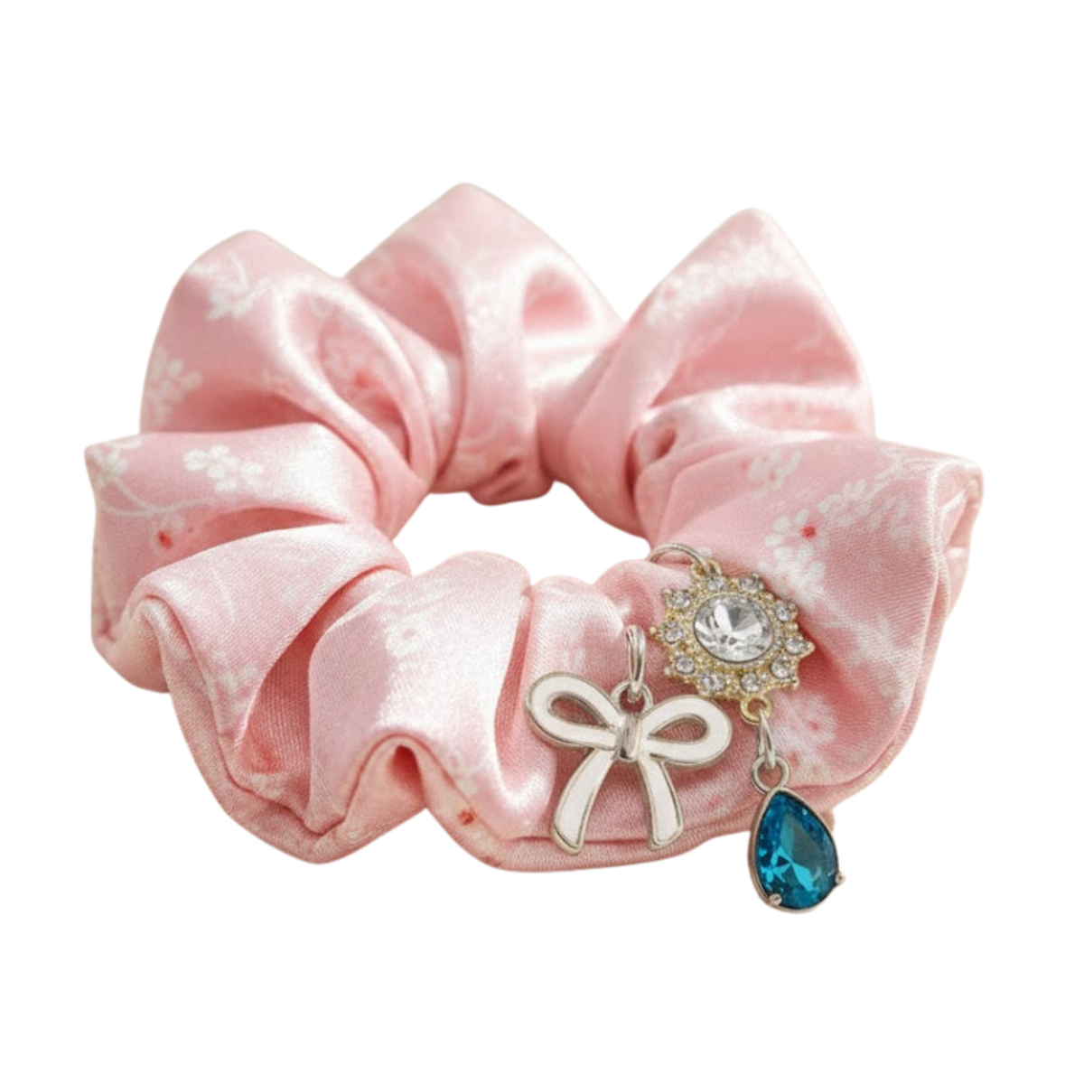 Pink floral satin scrunchie with a white bow, crystal flower and blue teardrop charms