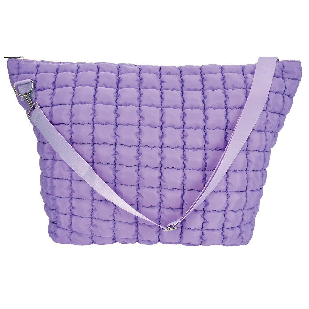 Purple puffy camp weekender bag