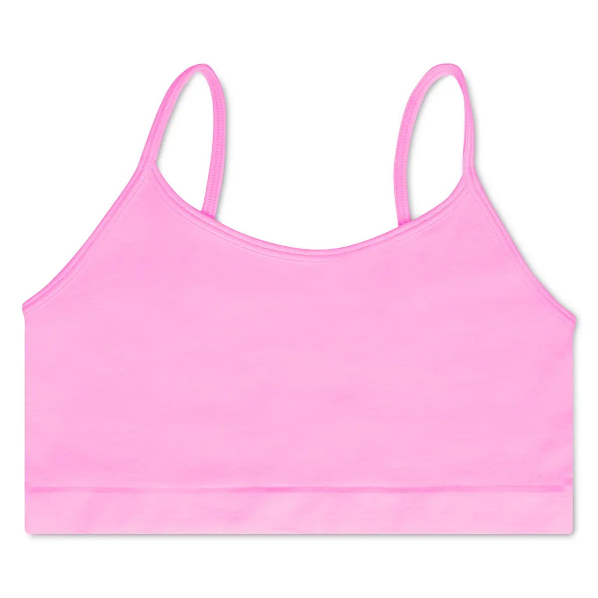 Rose pink wire-free bralette with thin adjustable straps and scoop neckline for sleepaway camp