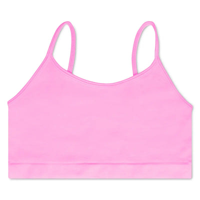Rose pink wire-free bralette with thin adjustable straps and scoop neckline for sleepaway camp