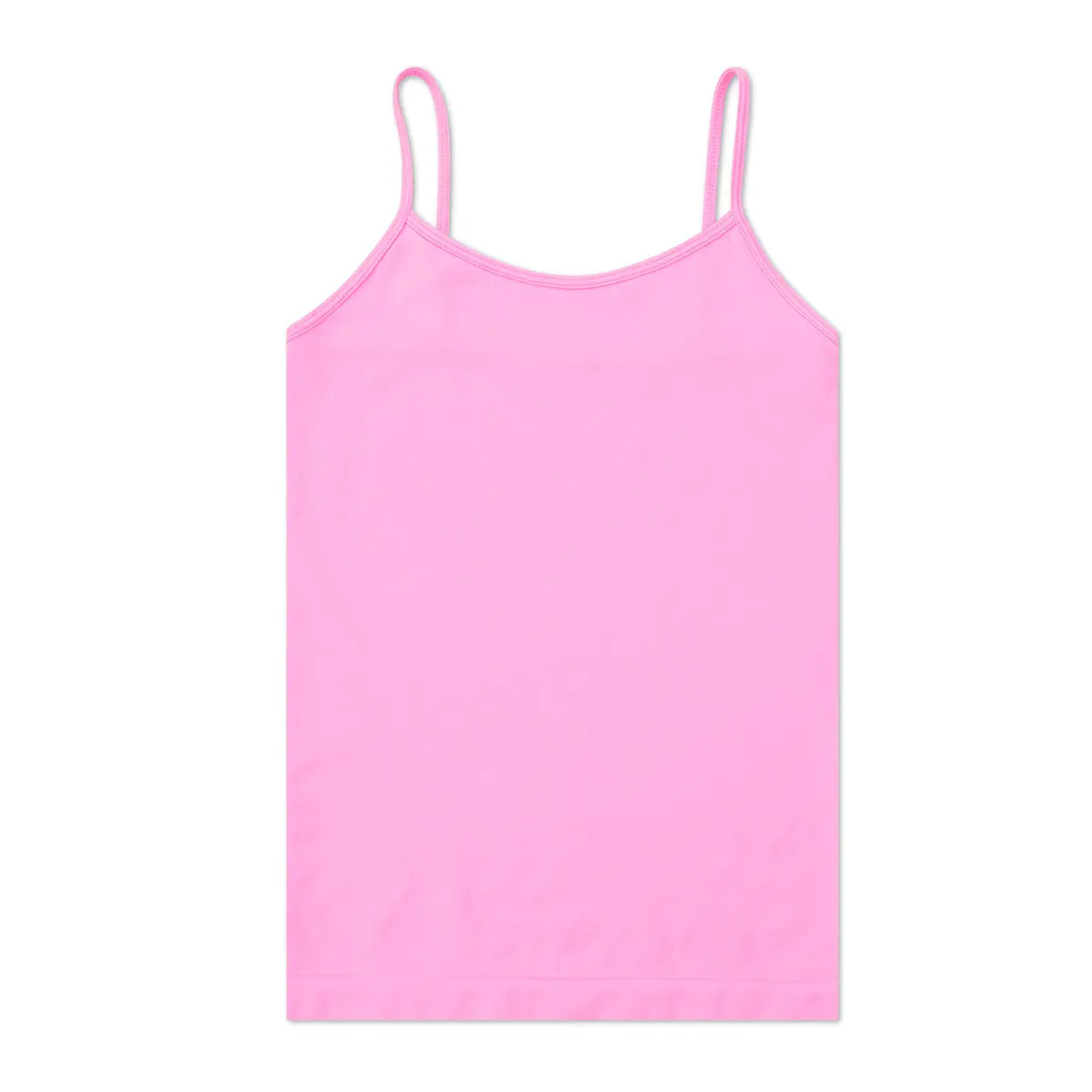 Rose pink camisole with thin adjustable spaghetti straps and scooped neckline on white background
