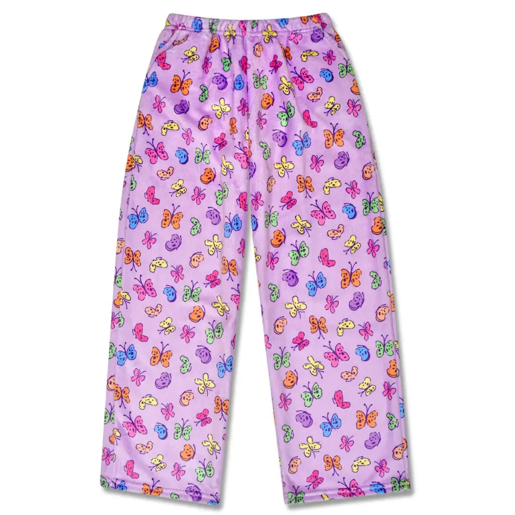 Bright Butterflies Plush Pants in lavender with colorful butterflies