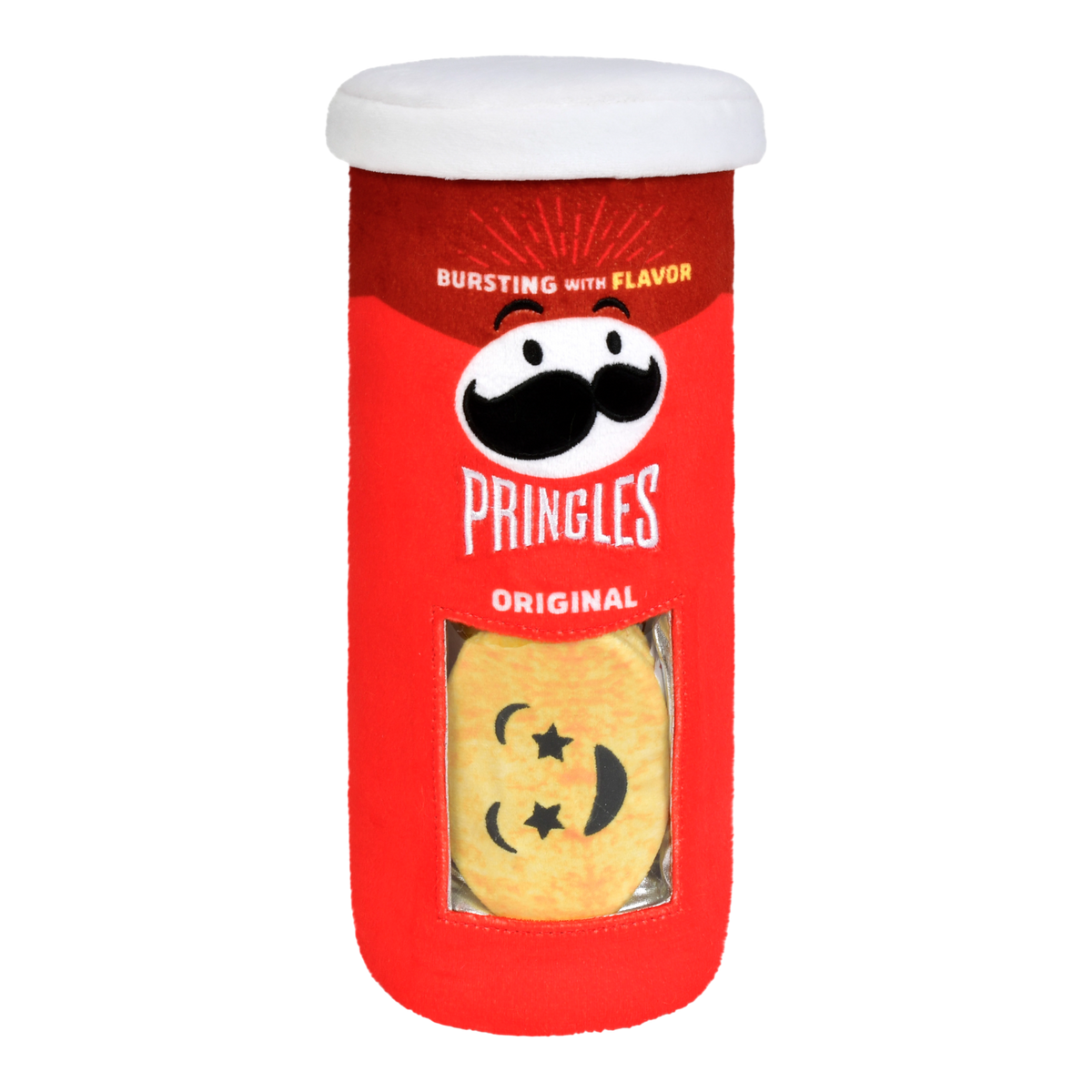 Pringles Original plush can in red with a white lid, mustache logo and a smiling chip in the window