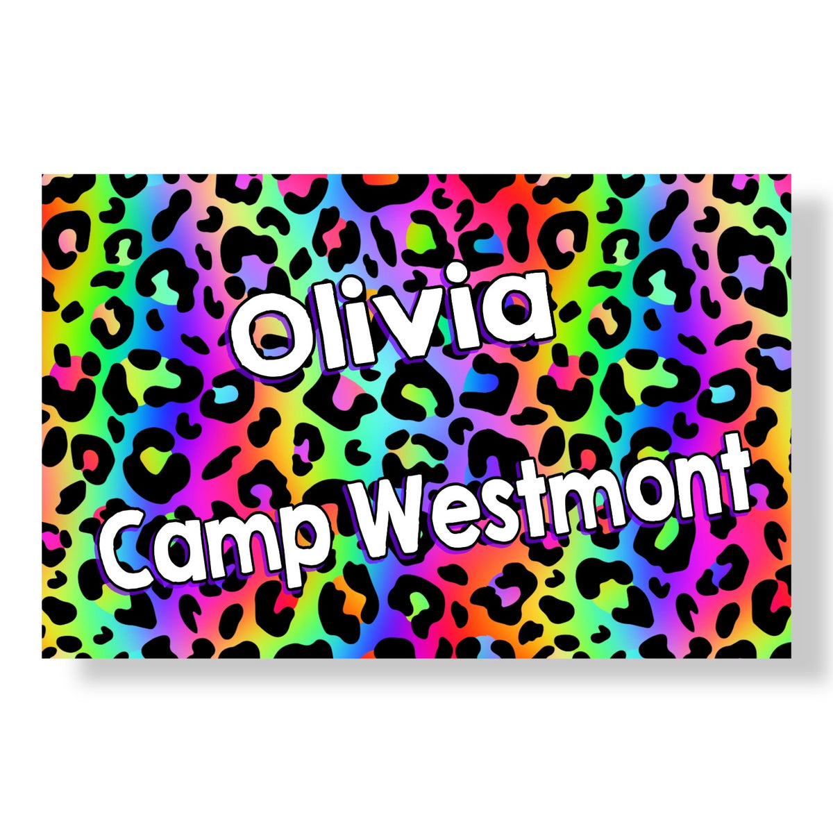 Bold Rainbow Leopard Camp Poster in neon rainbow leopard print, sample text "Olivia Camp Westmont"