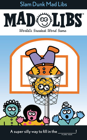 Slam Dunk Mad Libs book cover with a cartoon character upside down in a basketball hoop