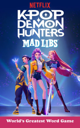 KPop Demon Hunters Mad Libs book cover featuring three animated characters in colorful outfits with pink, blue and orange hair against purple gradient background