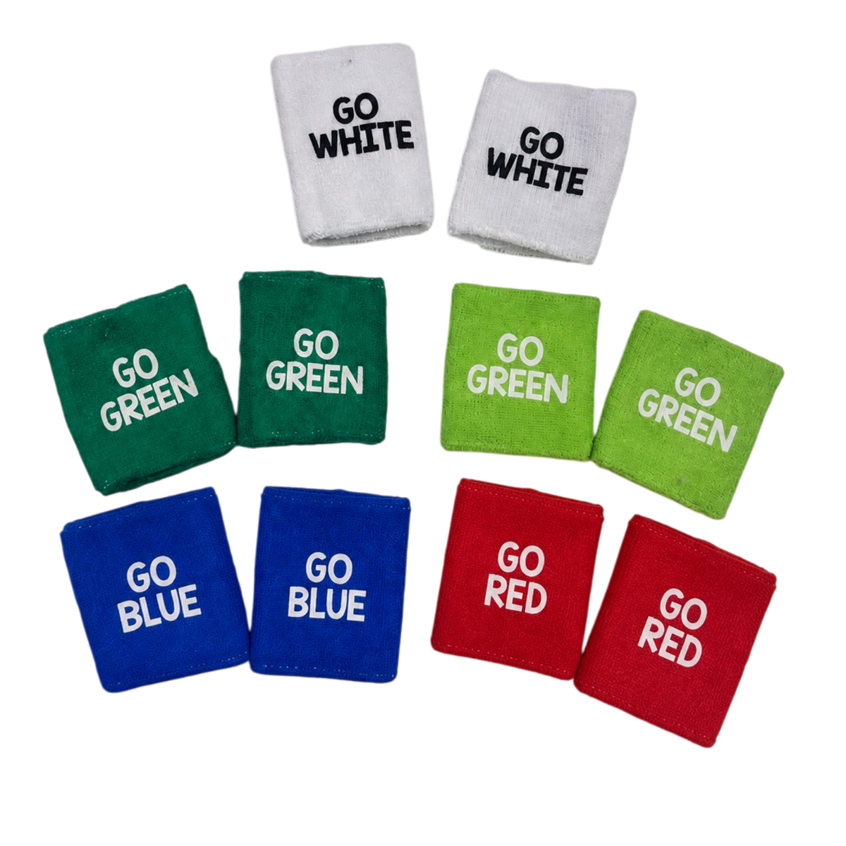 Go Team Wristband set in white, green, lime, blue and red with Go team color text