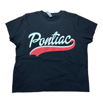 Black Rainbow Swoosh cropped camp tee with white Pontiac varsity script and a red swoosh underline