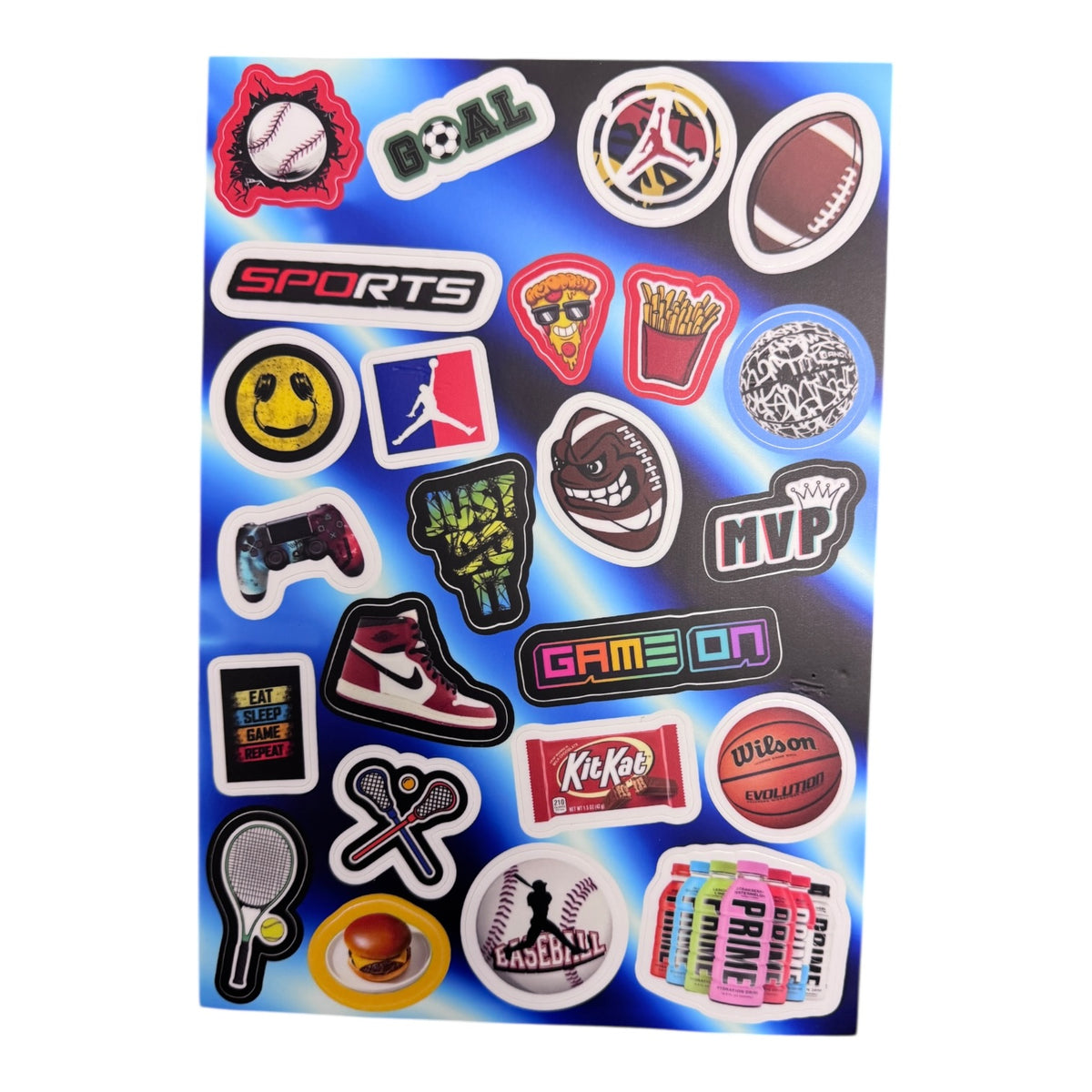 Cool Dude sticker sheet with sports and gaming designs including basketball, football, baseball, sneaker, game controller, french fries, smiley face, MVP crown, and SPORTS text on holographic blue background