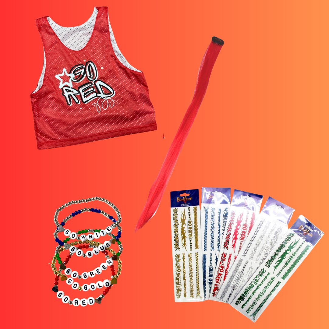 Go Red Girls color war bundle with red reversible graffiti mesh pinnie, red hair extensions, tribal tattoos, and go team heart bracelet on orange background