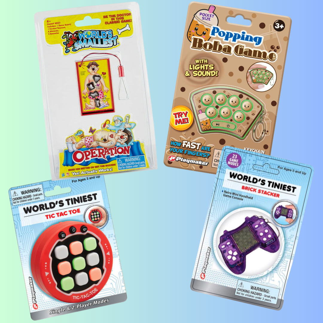 Four miniature working games including World's Smallest Operation with red game board, tan Popping Boba Game keychain, red Tic-Tac-Toe electronic game, and purple Brick Stacker handheld console displayed in retail packaging