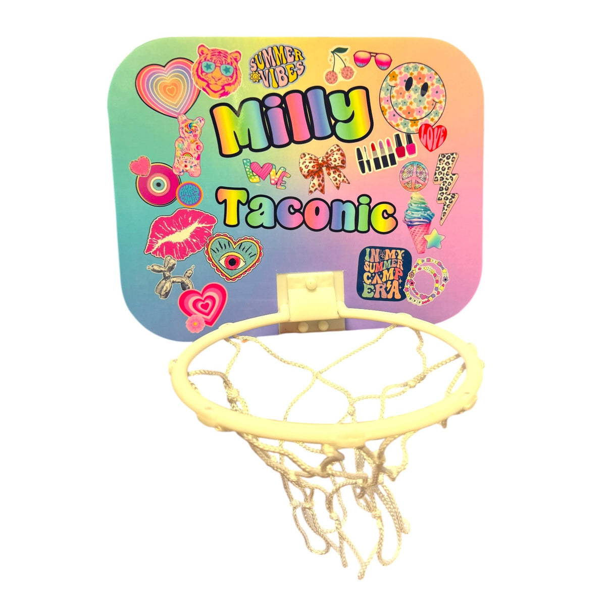 Pretty and Preppy Basketball Hoop with colorful sticker collage backboard, text "Milly Taconic"