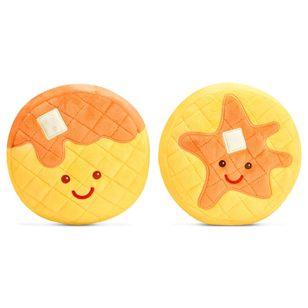 Eggo Waffle Plush, two smiling waffle plushes, one with syrup and butter, one star-shaped