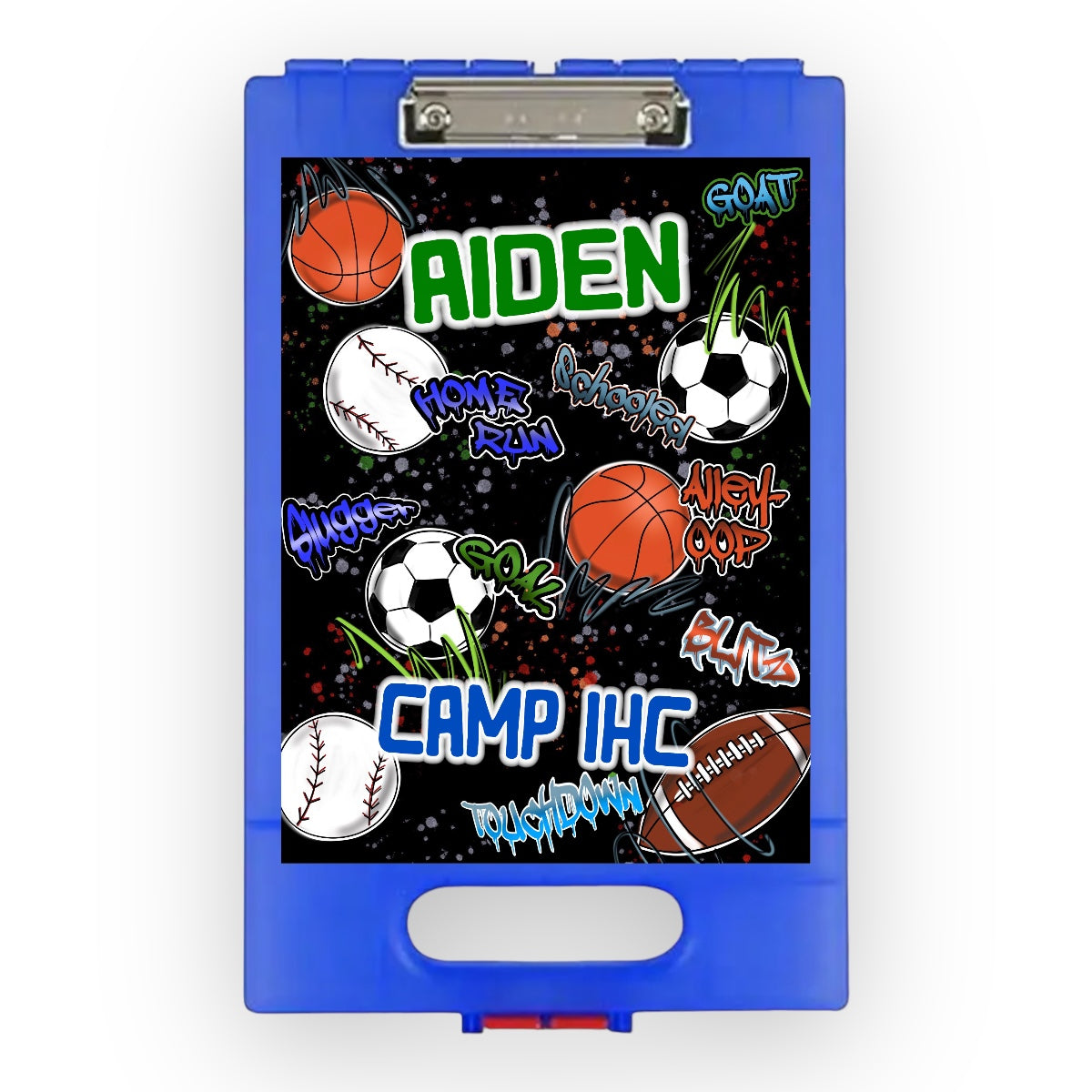 Street Sports personalized clipboard with Aiden's name in bold green letters, featuring basketball, soccer ball, baseball and football graphics on black background with colorful paint splatter design, shown on blue clipboard