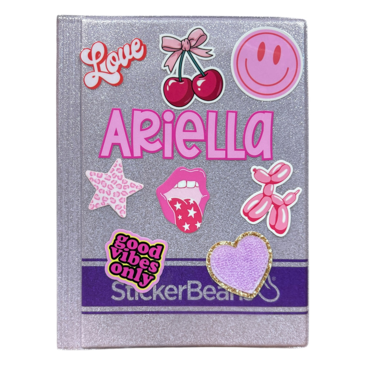 Pretty and Preppy StickerBean Book with sparkly silver cover featuring pink love text, red cherries with pink bow, pink smiley face, pink leopard star, pink lips with stars, pink balloon dog, and purple heart with gold trim, personalized with name Ariella