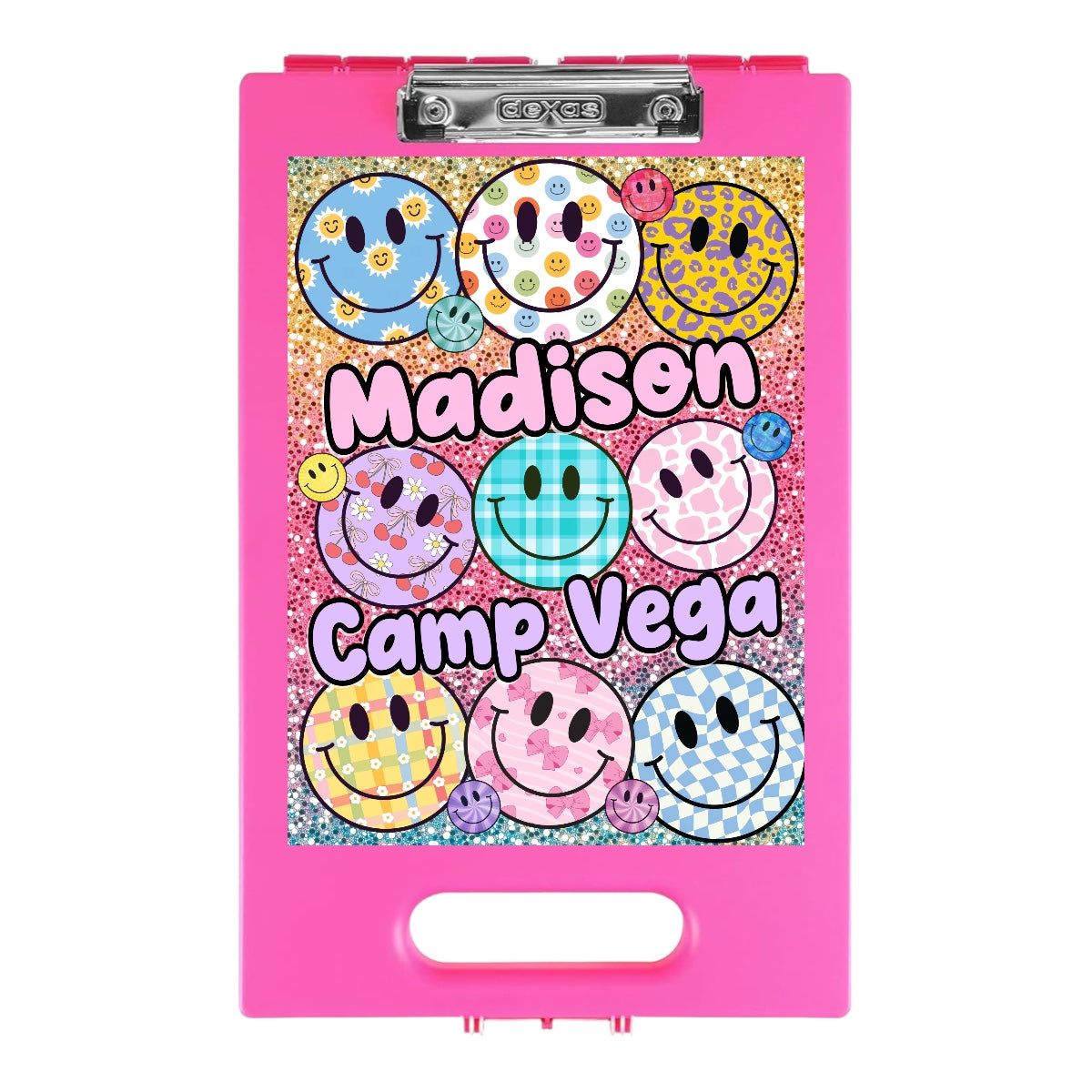 Pink camp clipboard with colorful smiley face designs in different patterns including stars, hearts, flowers, and gingham prints on glittery gold background with Madison Camp Vega text