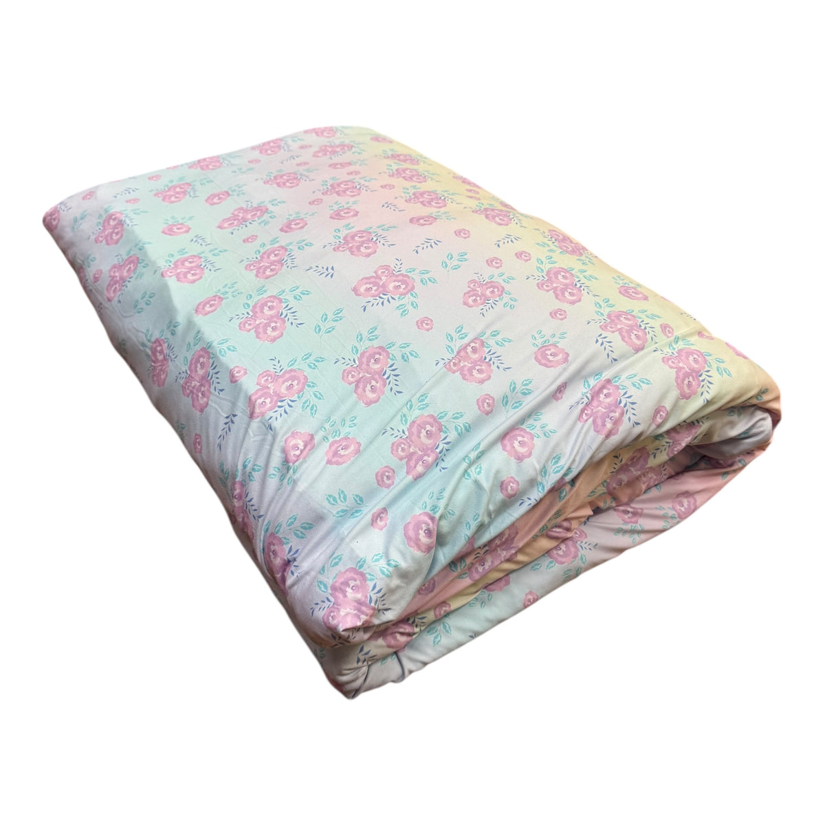 Blushing Blossoms reversible camp comforter folded, pastel rainbow with pink roses