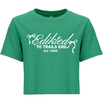 Green cropped tee with white script Edikted to Trails End Est. 18405 and bow ribbons