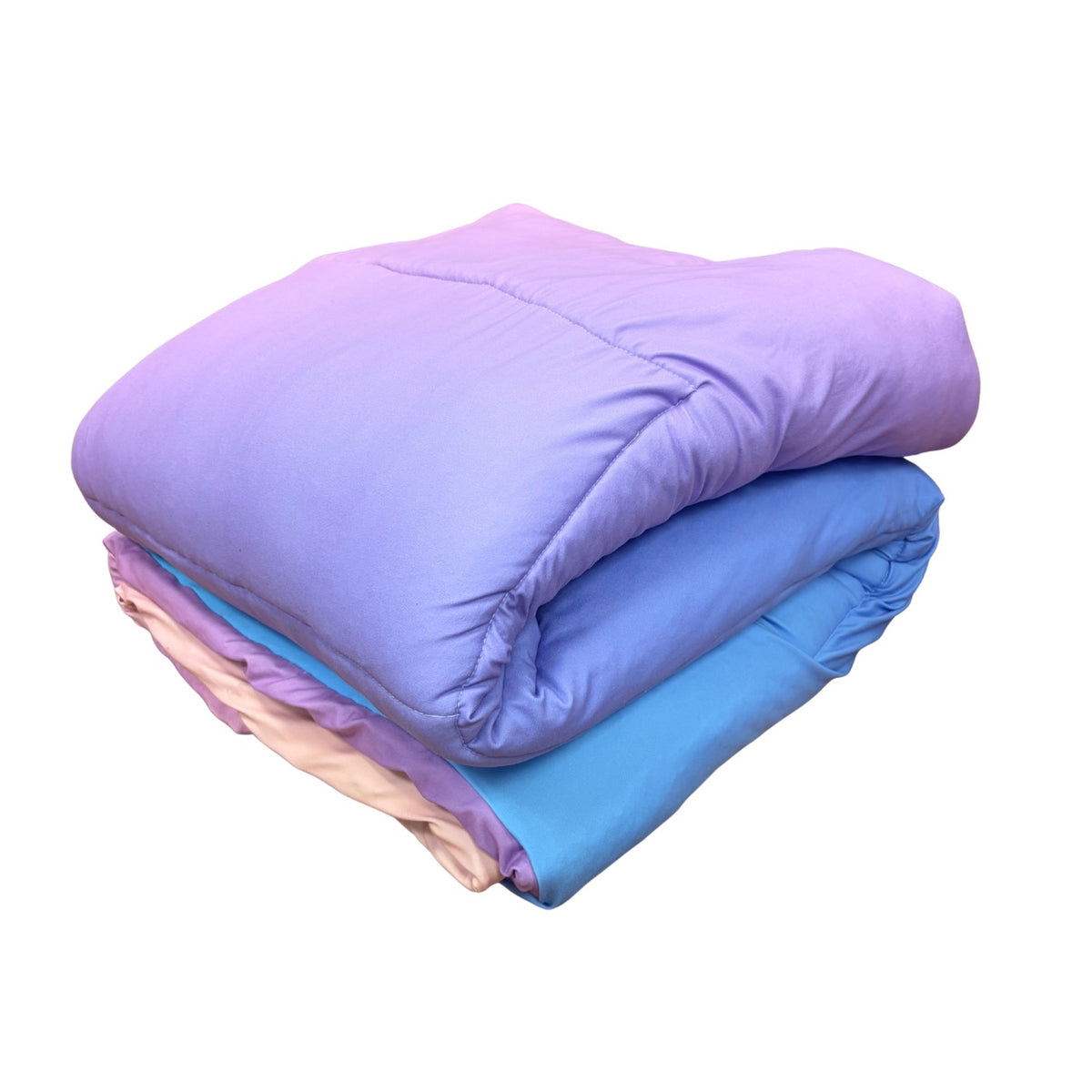 Pastel Dreams camp comforter folded, in purple, blue and peach ombre