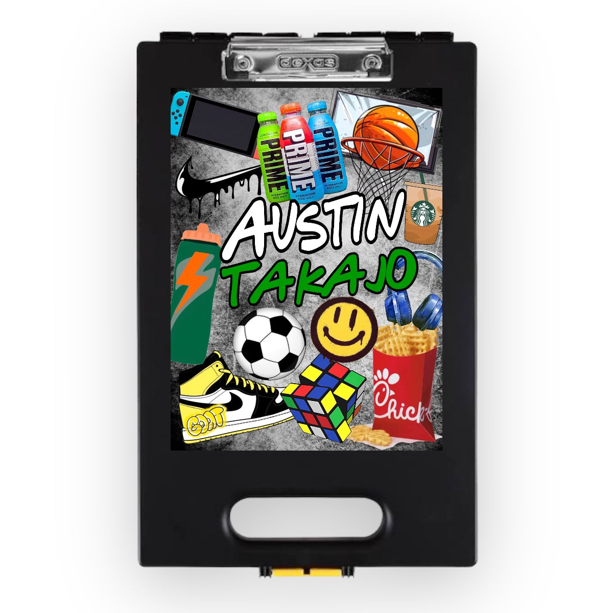 Cool Grunge clipboard on black storage board showing bold graphic design with sports equipment, gaming devices, fast food, headphones and personalized name Austin Takajo in graffiti lettering on gray concrete background