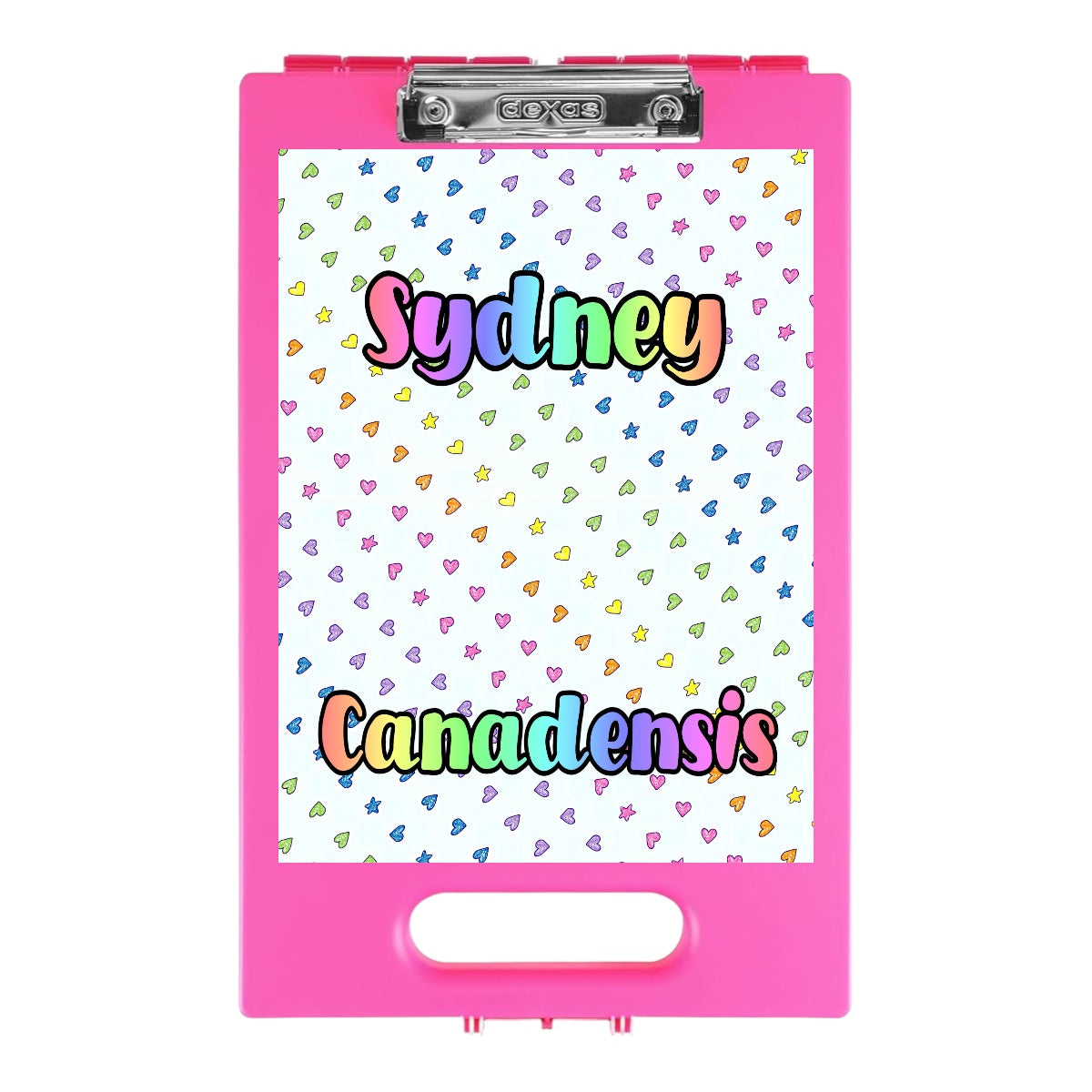 Cosmic Hearts clipboard on pink clipboard base featuring colorful hearts, stars, and doodle pattern with rainbow gradient name Sydney at top and last name Canadensis at bottom