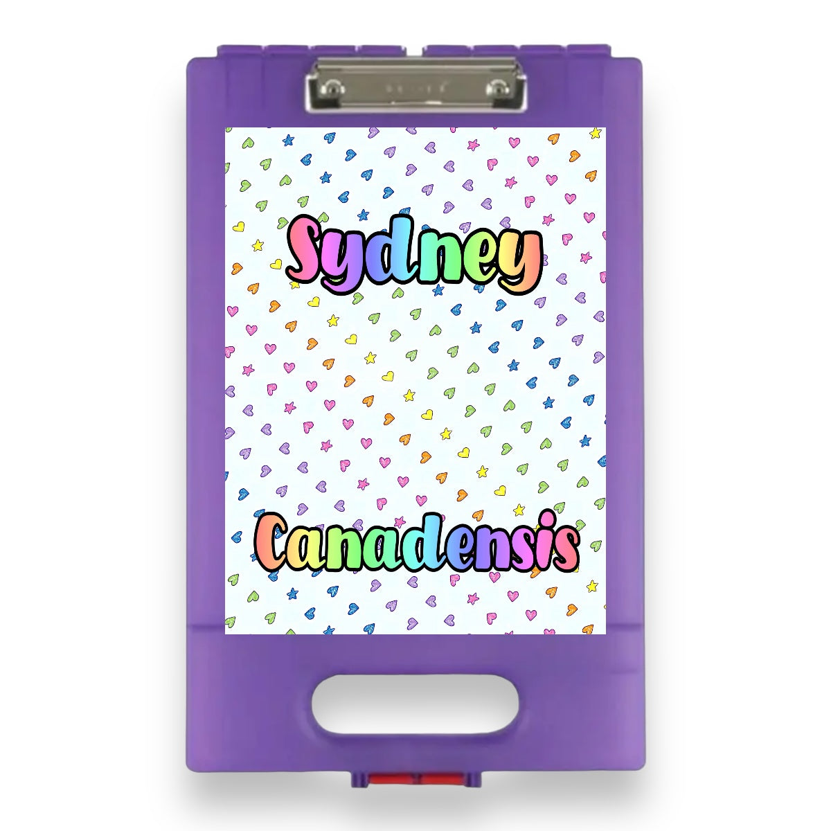 Cosmic Hearts clipboard on purple clipboard base featuring colorful hearts, stars, and doodle pattern with rainbow gradient name Sydney at top and last name Canadensis at bottom