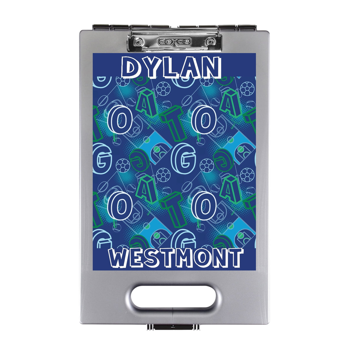 Custom G.O.A.T. camp clipboard in navy with turquoise and green sports graphics, displayed on gray clipboard with built-in storage compartment