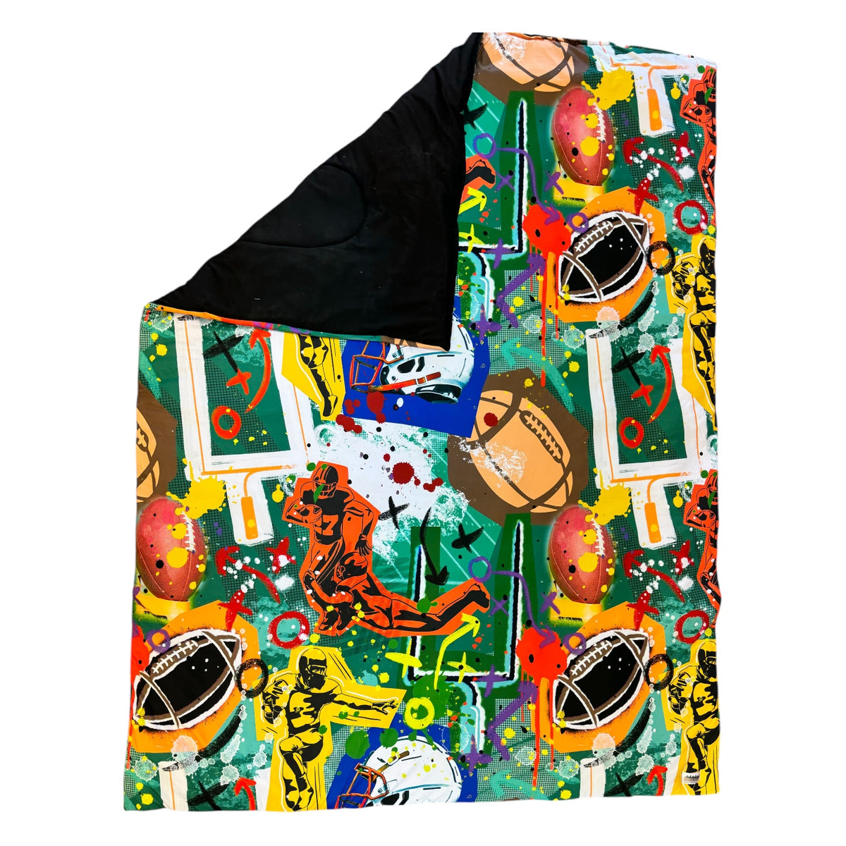 Graffiti Football Reversible Camp Comforter in colorful football graffiti print with black reverse side