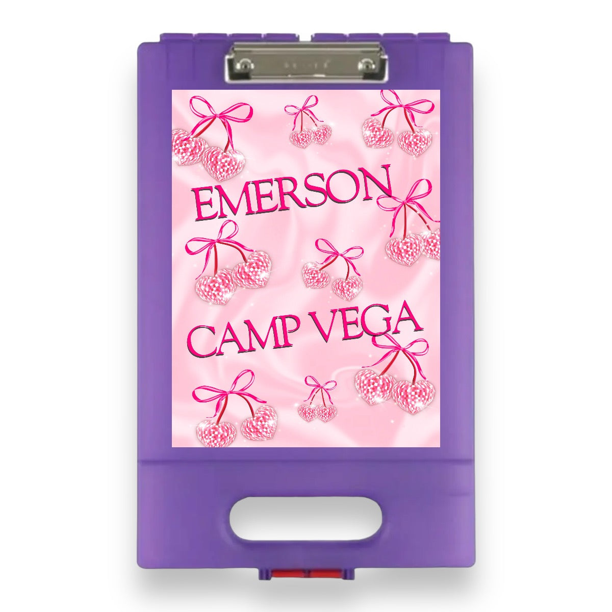 Disco Cherries clipboard on purple clipboard with pink background featuring pink and white checkered cherries with bows pattern, name Emerson and Camp Vega text