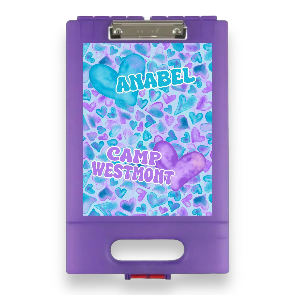 Watercolor Hearts Clipboard in purple frame with storage clip showing blue, purple, and pink watercolor hearts pattern and name Anabel with Camp Westmont text