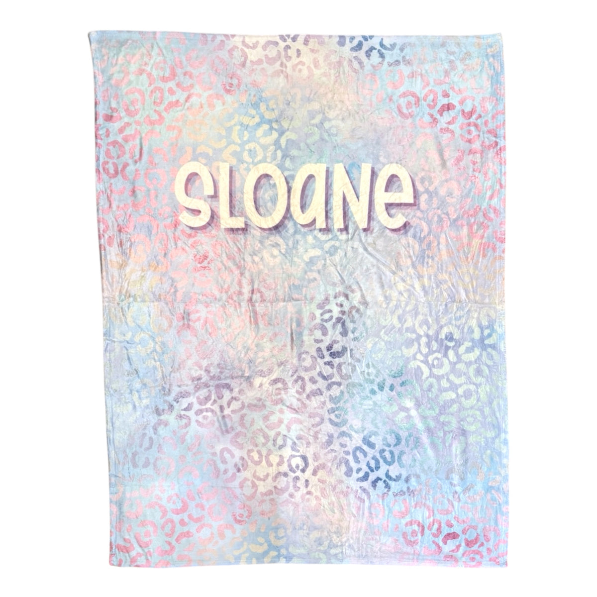 Pastel Shimmery Leopard Fuzzy Camp Blanket with pastel leopard print and cream name Sloane