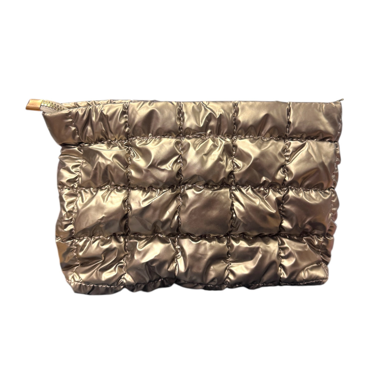 Rose gold metallic quilted puffer pouch with zipper closure for camp cosmetics and supplies