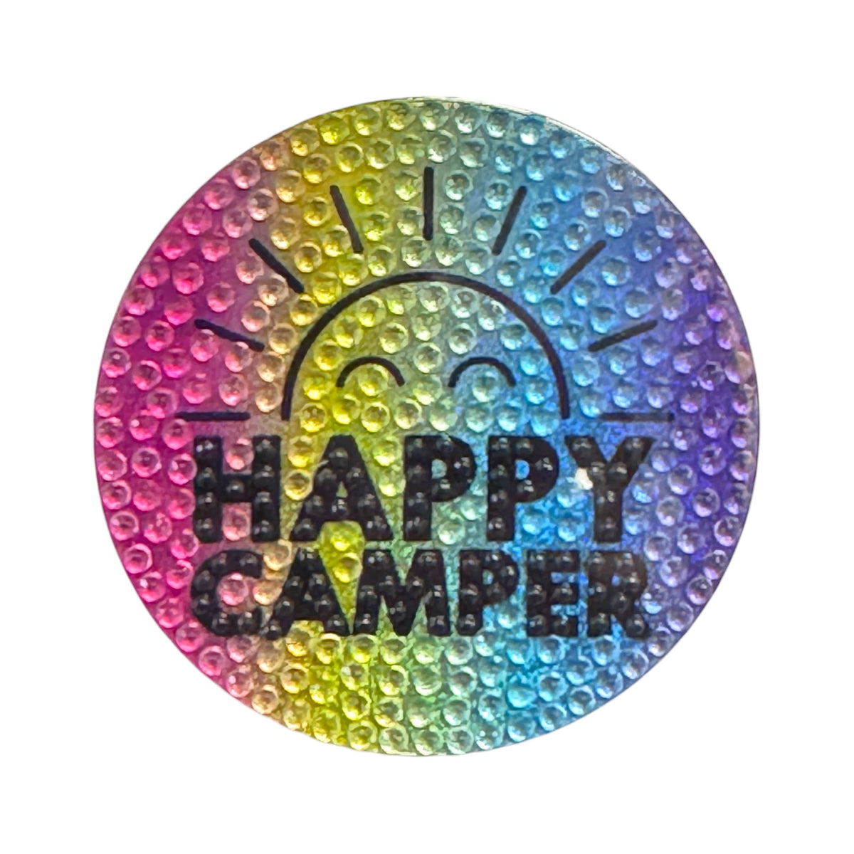 Happy Camper rainbow holographic Stickerbean 2 inch collectible sticker with smiling sun face and multicolor gradient from pink to yellow to blue to purple, Bee Bee Designs exclusive