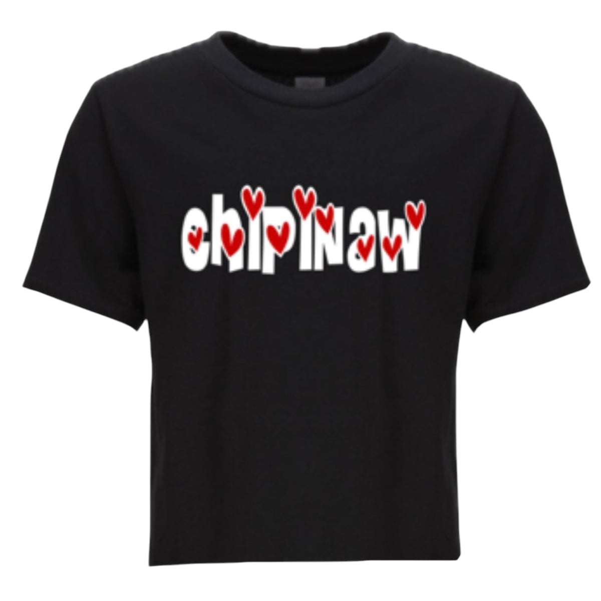 Black Confetti Heart Camp Tee with white text "CHIPINAW" and red hearts scattered throughout graphic, slouchy fit youth shirt