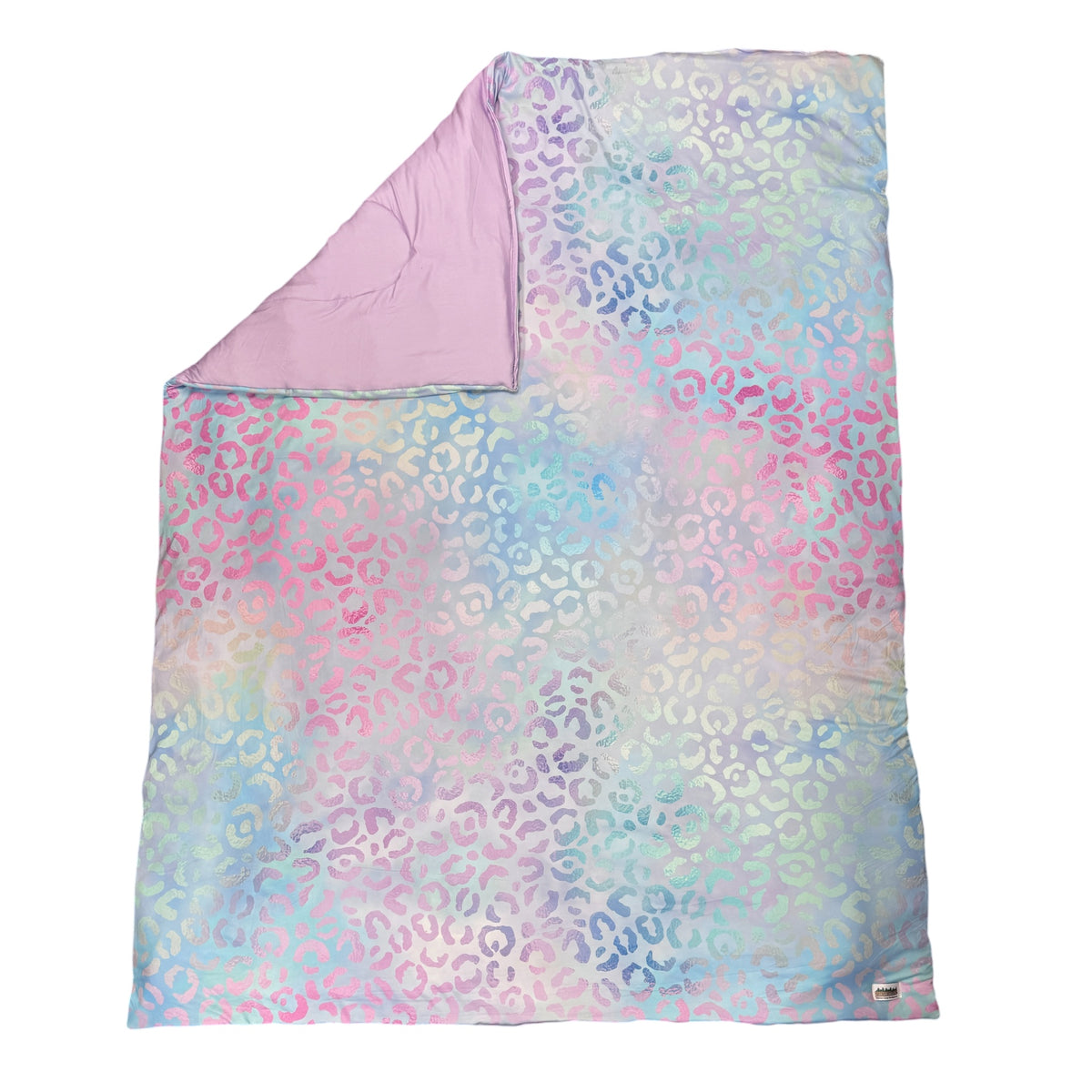 Pastel Shimmery Leopard Comforter in pastel leopard print with lilac reverse side
