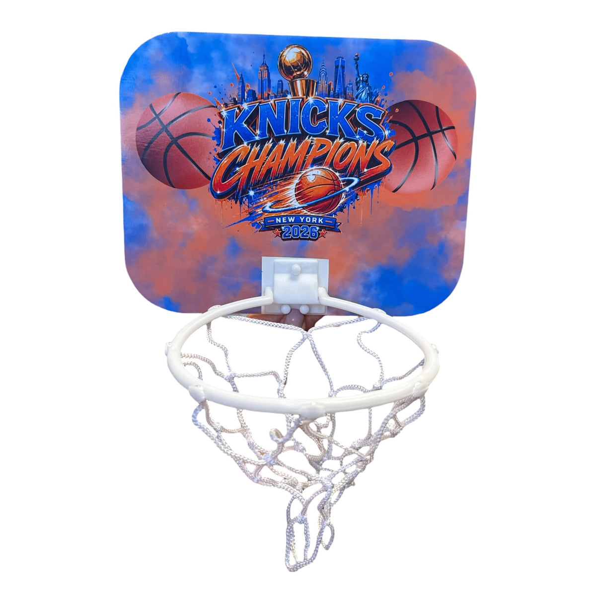 NY Knicks Champions mini basketball hoop with blue and orange backboard featuring New York skyline, championship trophy, and white net