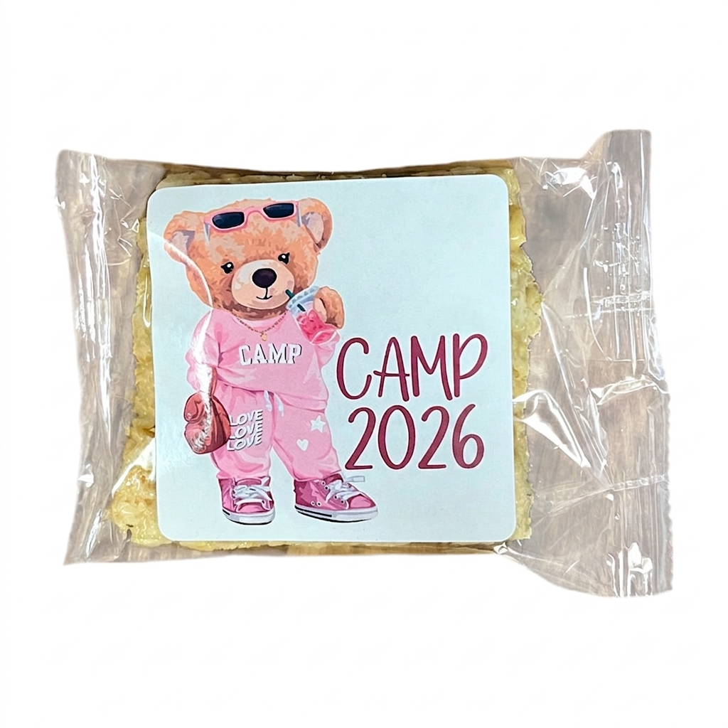 Pink Drink Bear Rice Krispies treat with a Camp 2026 label showing a teddy bear in pink sweats holding a drink