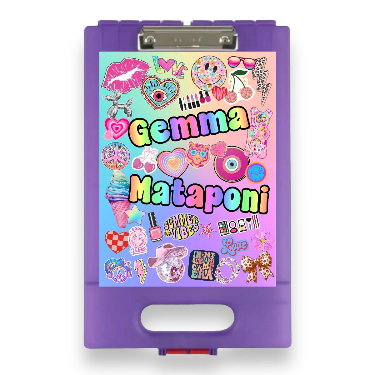 Preppy clipboard in multicolor rainbow gradient letters spelling Gemma and Mataponi with fun summer icons including smiley faces, hearts, peace signs, ice cream cone, cherries, lipstick, and summer vibes text on pastel rainbow background