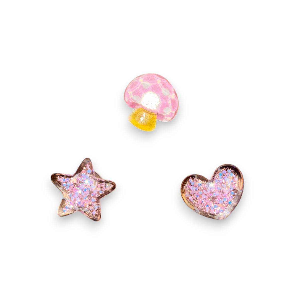 Pink Shimmery Shoe Charm set with a glittery star, heart and pink mushroom