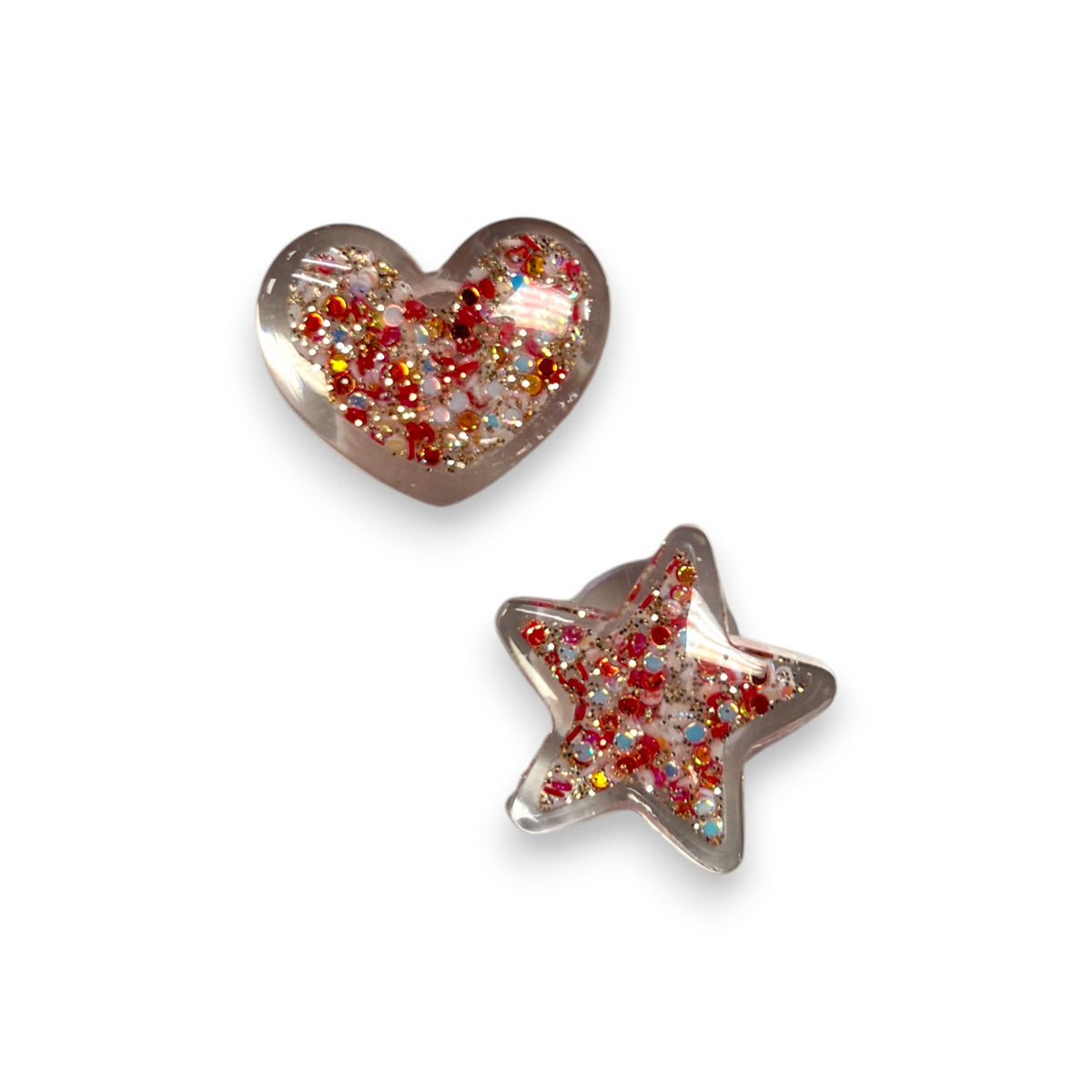 Red Shimmery Shoe Charm set with a red and gold glitter heart and star