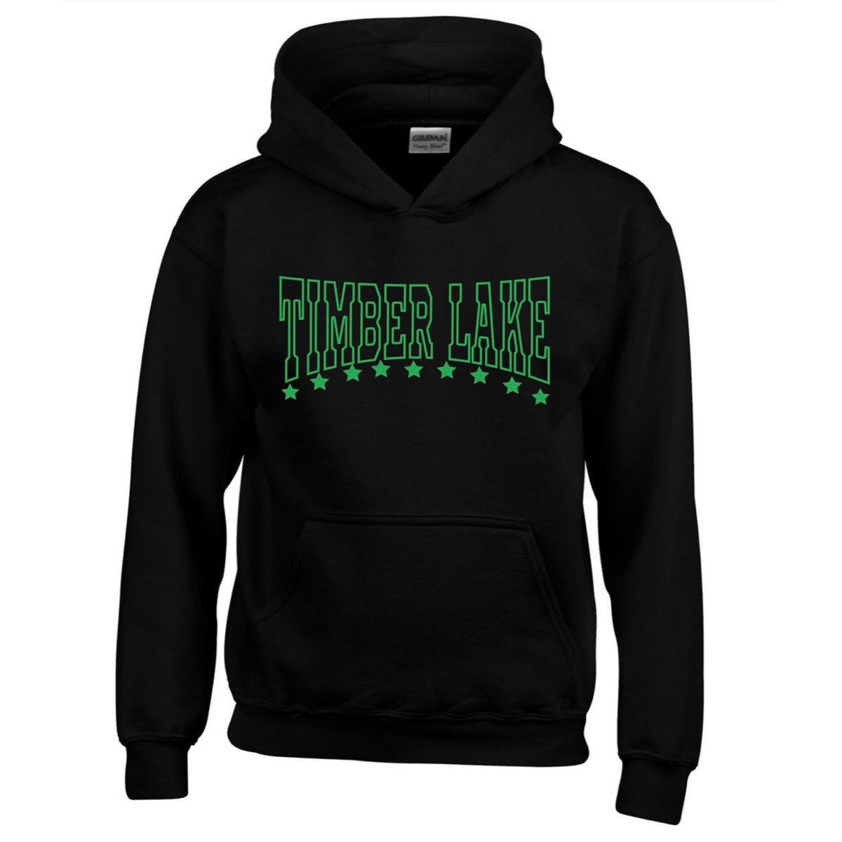 Varsity Star Camp Sweatshirt, black hoodie with green outlined camp name and stars