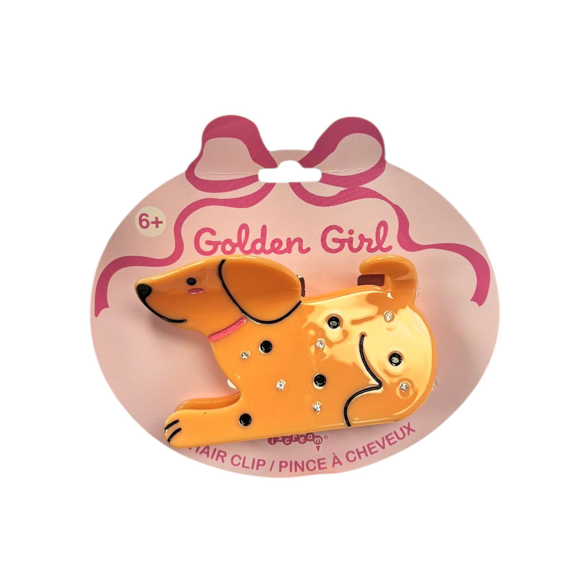 Golden Girl Hair Clip on card: orange golden retriever claw clip with rhinestones