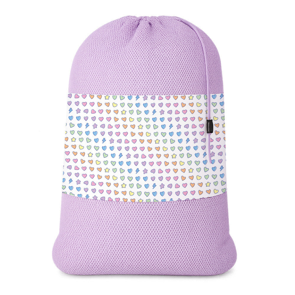 Rainbow Remix mesh laundry bag in lavender with a pastel hearts and stars band