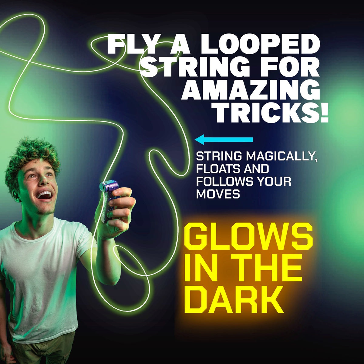 ZipString Lumi glowing green looped string toy being held by person in white shirt against dark background